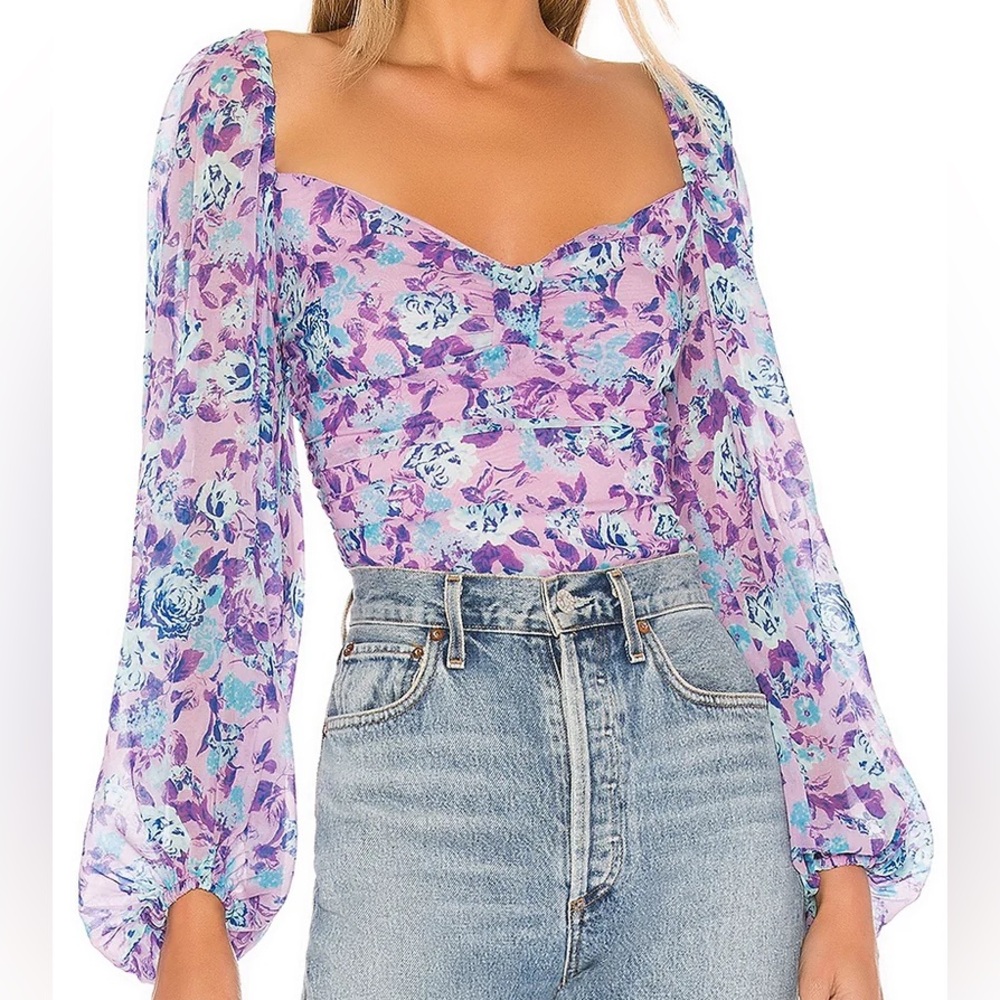 For Love & Lemons XS Purple Belize Floral Bodysuit Ruched Puff Sleeves Cottage